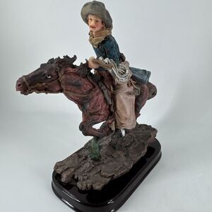 Cowboy on Horse Statue Western Resin Wooden Brown Base Ashley Belle Wild West